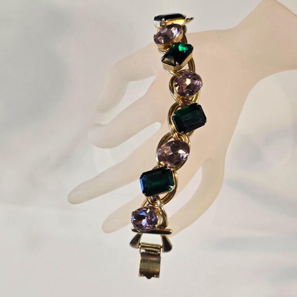 Mid-Century Clamper Bracelet Vintage Rhinestone Green Pink - Picture 6 of 9